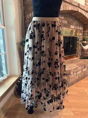 Chicwish Black Floral Embroidered Tulle Maxi Skirt with Cream Lining